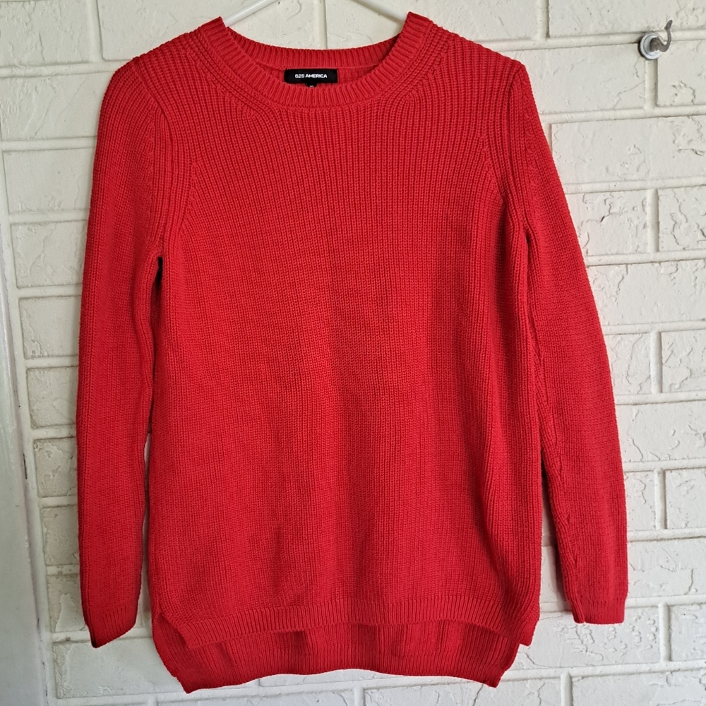 525 America red step hem front cable knit sweater